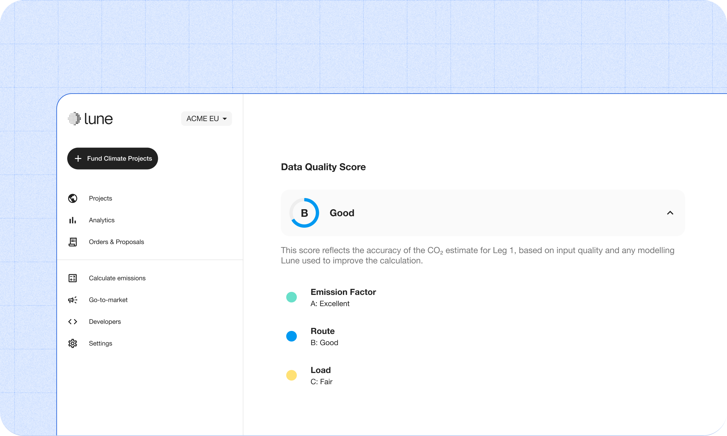 Image of data quality score in the Lune dashboard